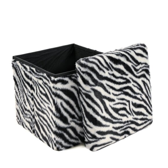 Go-Poufs Knock-Down Small Cube Faux Fur Storage Ottoman | Zebra Black/White - Picture 2 of 6